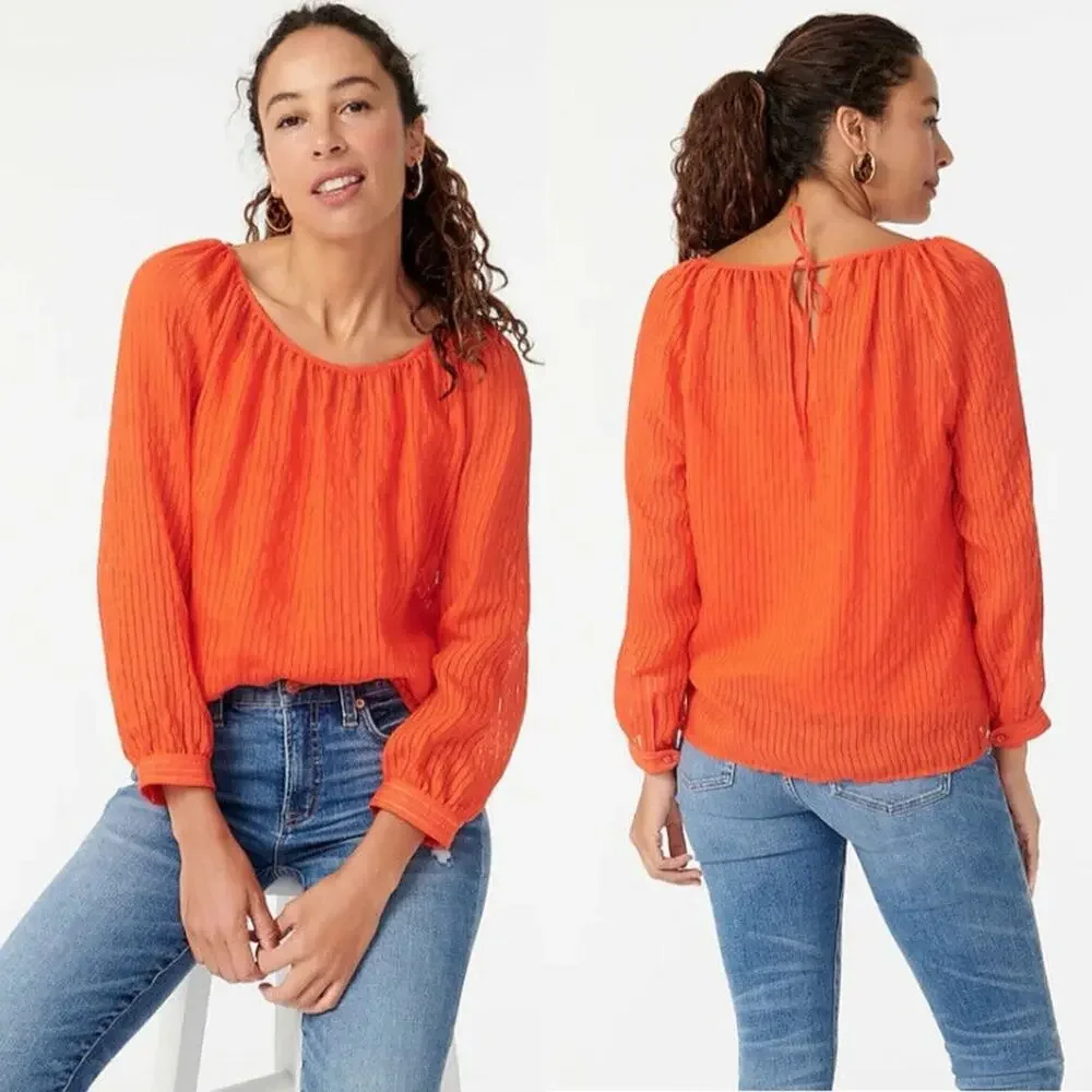 J. Crew Orange Shadow Stripe Tie Back Long Sleeve Top